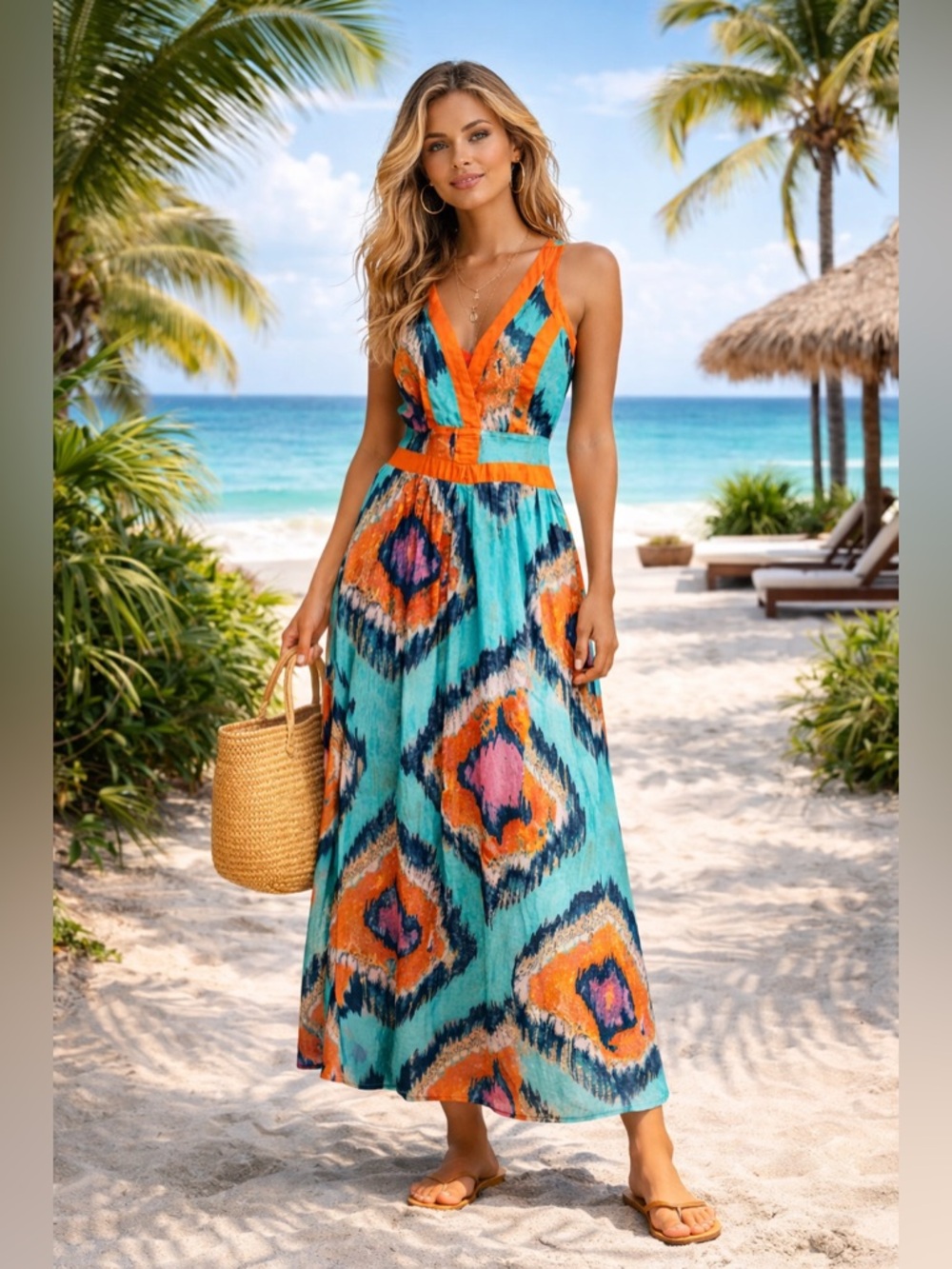 Gianni Bini Colorful Maxi Dress V-Neck Turquoise Orange Print Size M